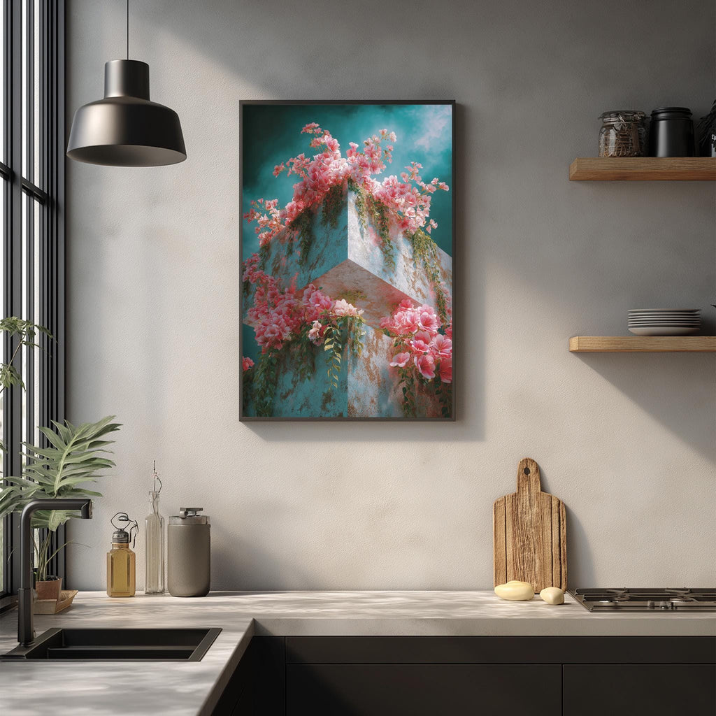 a kitchen counter with a framed picture of pink flowers hanging above it. The counter has various kitchen items, such as a cutting board, a knife, and a bottle. The overall scene has a modern and stylish aesthetic.