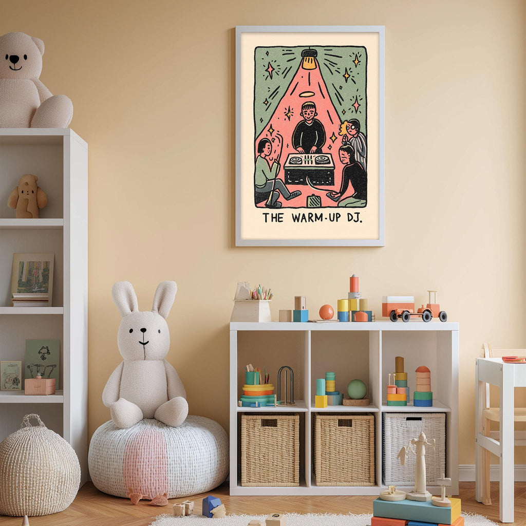 A child's bedroom with a white bookshelf, a stuffed rabbit, and a colorful poster of a DJ performing.