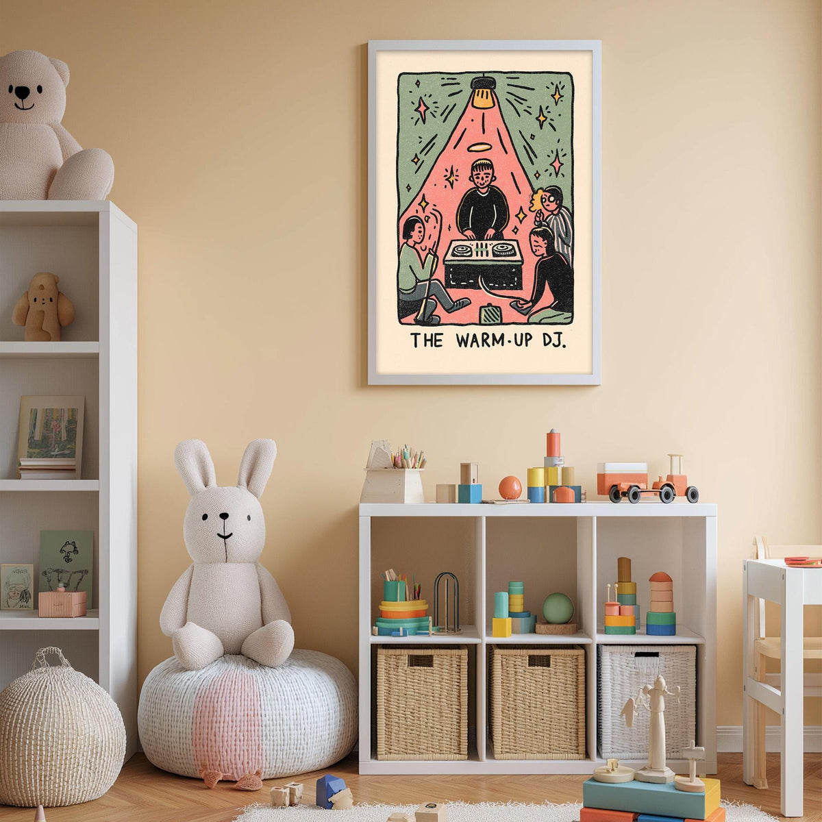 A child's bedroom with a white bookshelf, a stuffed rabbit, and a colorful poster of a DJ performing.