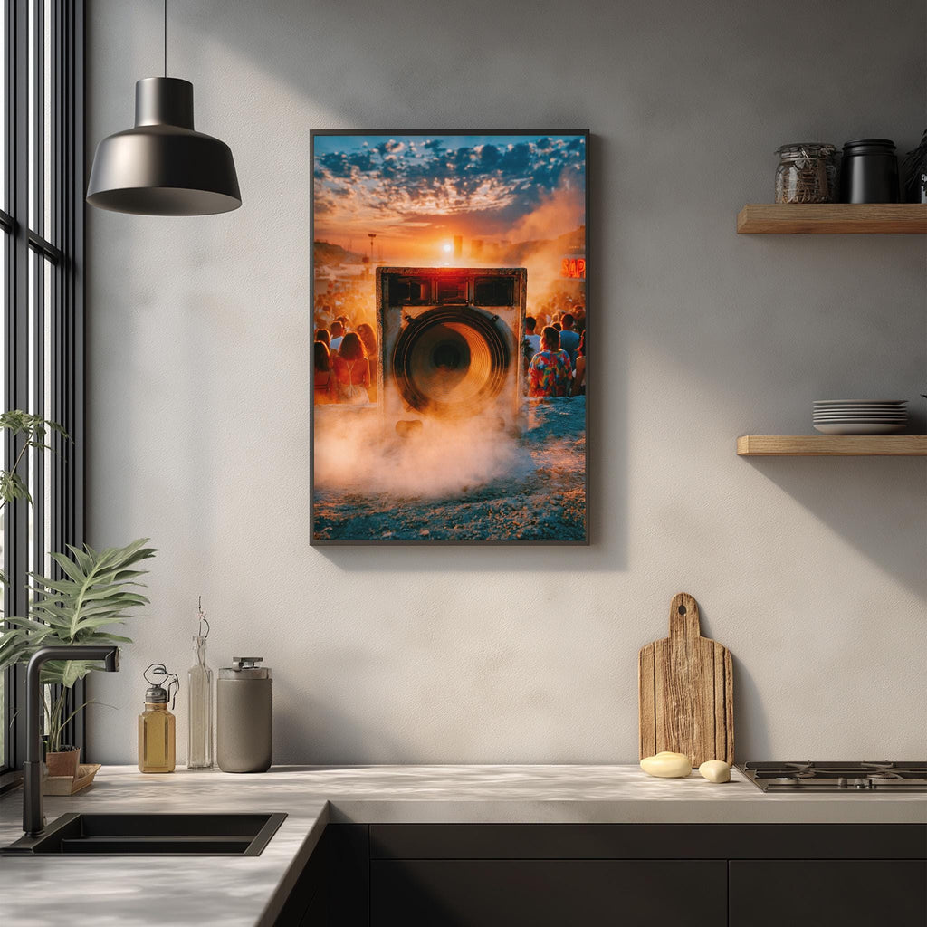 a modern kitchen with a large framed photograph of a steam engine on the wall, surrounded by various kitchen items such as a cutting board, a sink, and a potted plant.