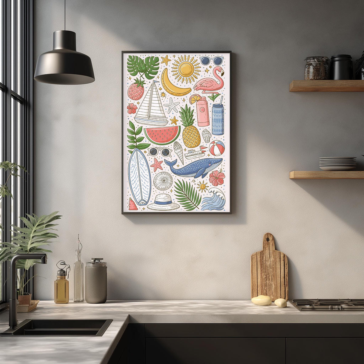 a kitchen counter with various kitchen items, such as a cutting board, a bottle, and a bowl, as well as a framed illustration of summer-themed objects hanging on the wall above the counter.