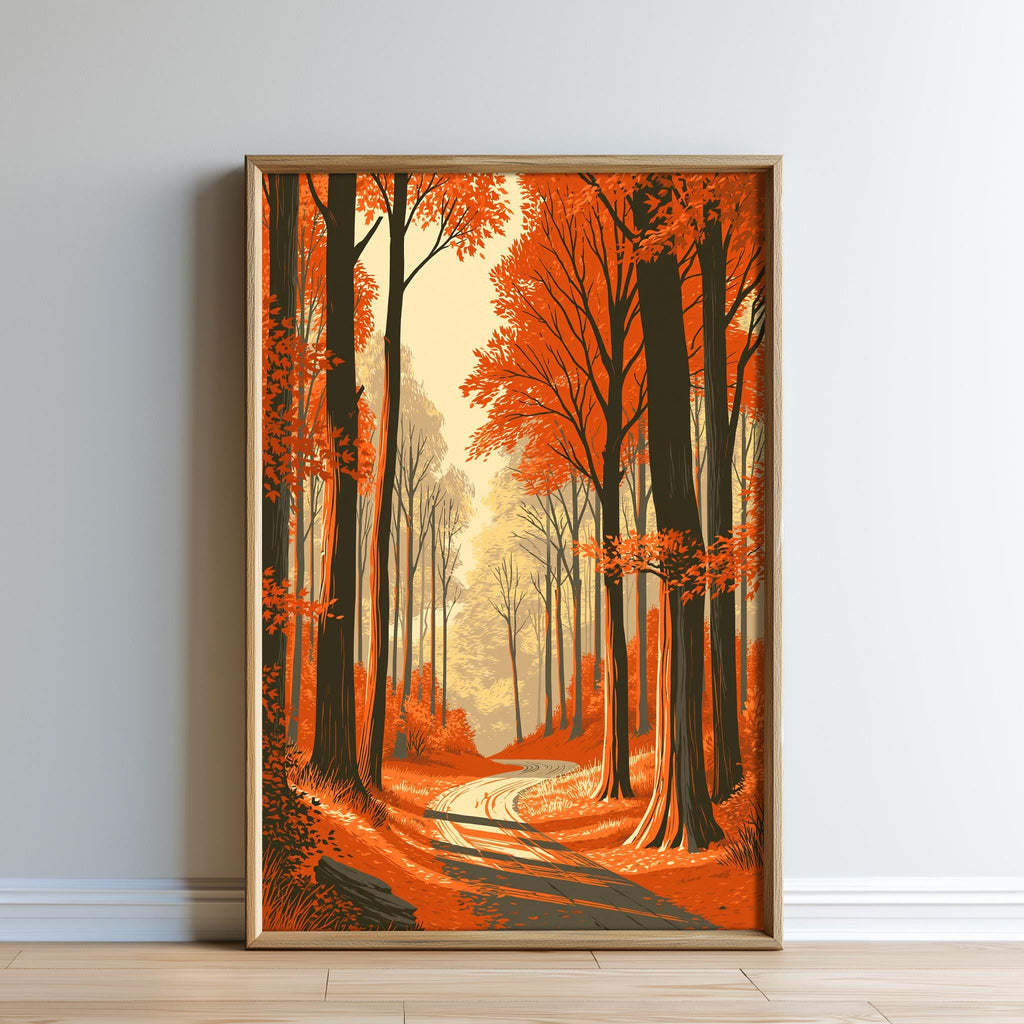 The image is a framed painting depicting a forest scene with a winding path surrounded by tall trees with orange leaves.