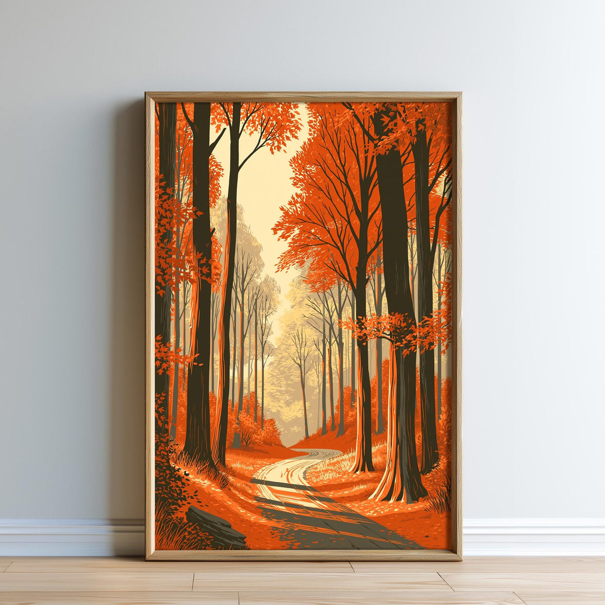 The image is a framed painting depicting a forest scene with a winding path surrounded by tall trees with orange leaves.