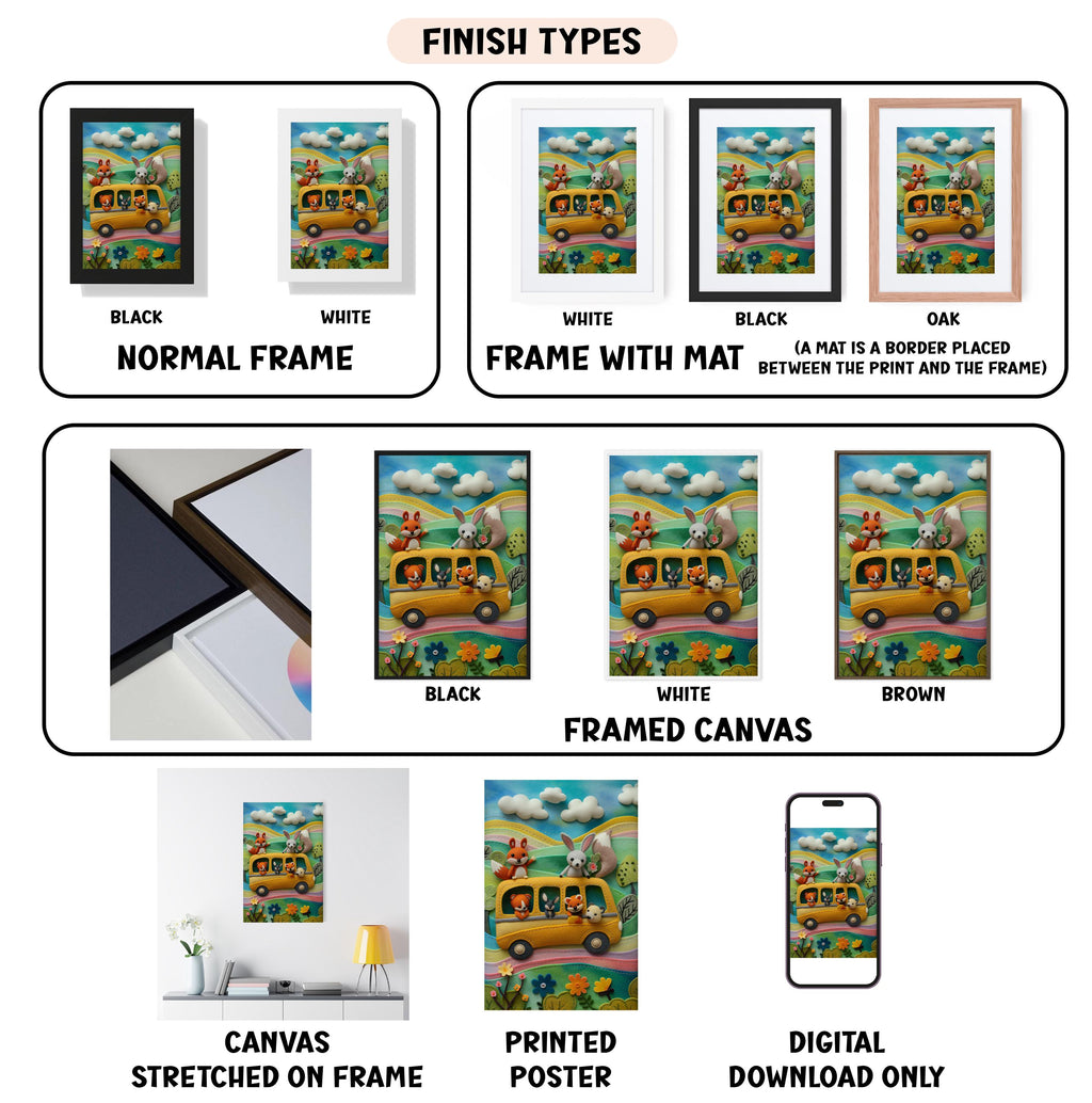 various finish types for a framed artwork, including a normal frame, a frame with a mat, a black frame, a white frame, a black frame, a white frame, a brown framed canvas, a stretched canvas, a printed poster, and a digital download only.