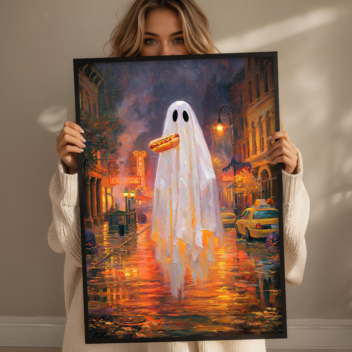 A woman holds up a framed painting depicting a ghost-like figure with a hot dog in a city street scene.