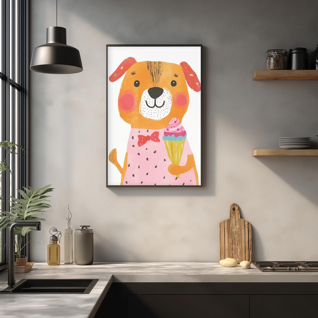 a kitchen counter with various items, including a framed picture of a dog holding an ice cream cone, a wooden cutting board, and a potted plant.