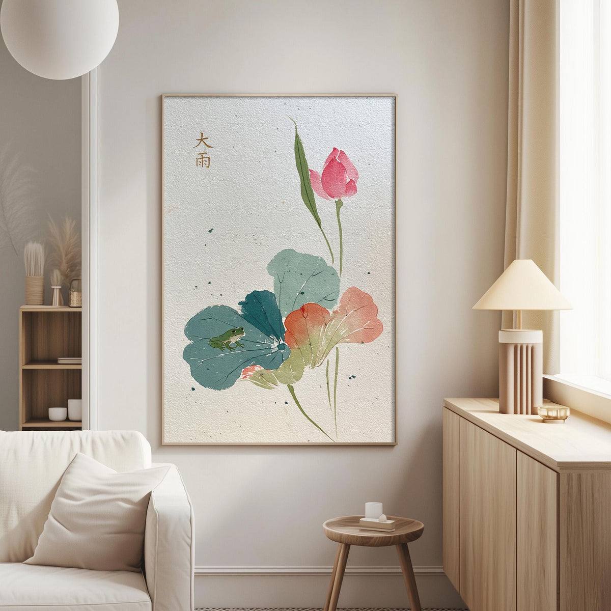 a living room with a large, colorful painting of flowers hanging on the wall. The painting is framed in a wooden frame and has a gold Chinese character above it. The room also includes a white sofa, a wooden side table, and a lamp on a wooden cabinet.
