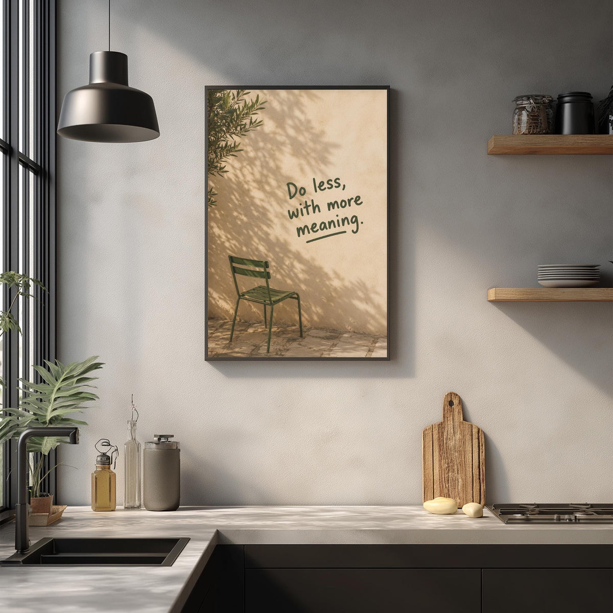 a kitchen counter with a framed poster of a green chair, a wooden cutting board, and various kitchen items such as a bottle, a can, and a bowl.