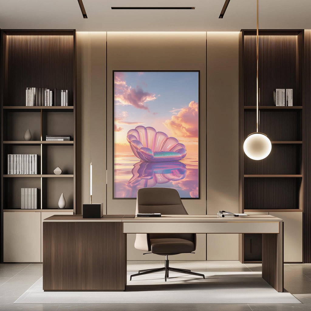 a modern and stylish office space with a large framed artwork of a shell on the wall, a wooden desk with a chair, and built-in bookshelves.