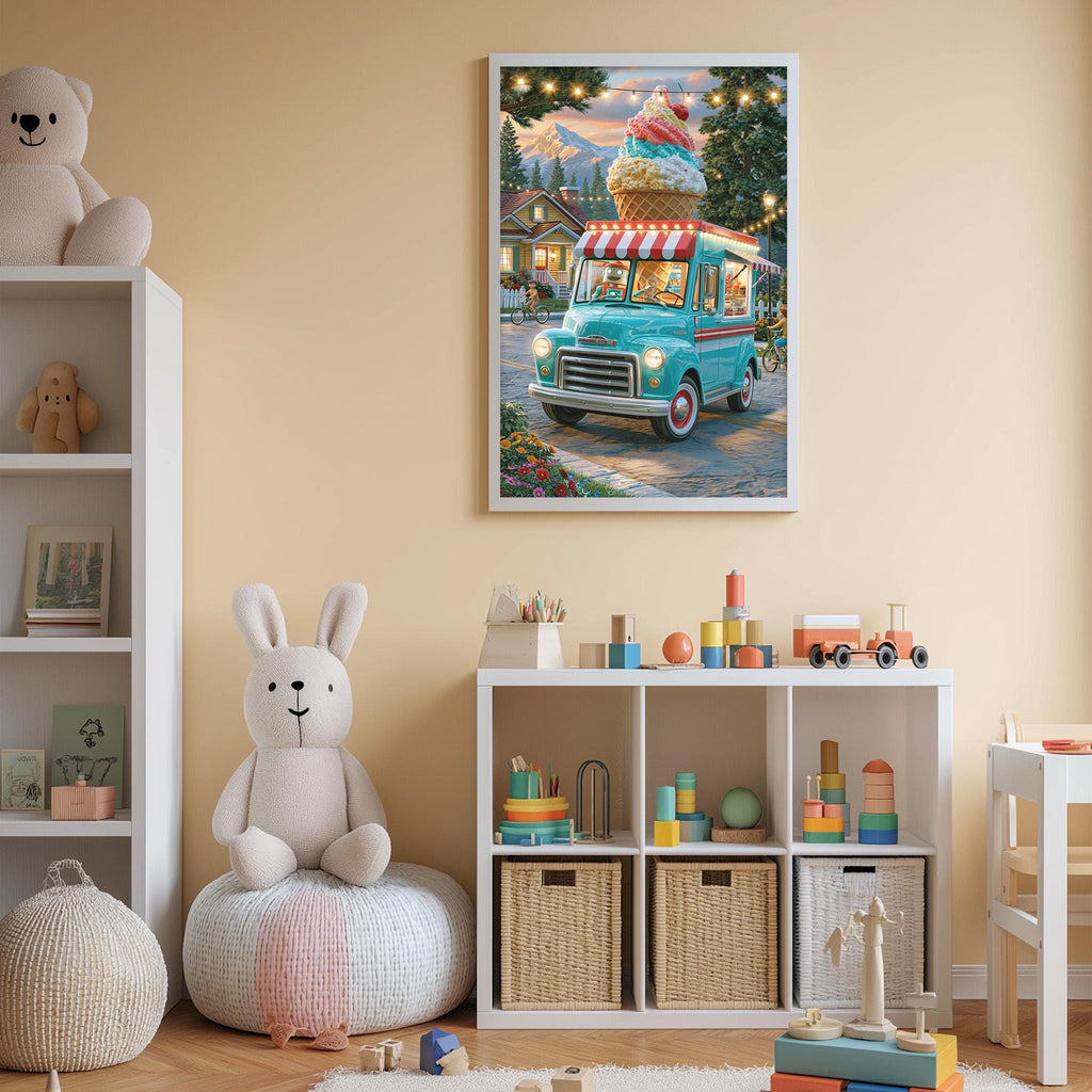 A cozy children's room with a white bookshelf, a plush rabbit, and a colorful toy truck. The room also features a framed picture of a whimsical ice cream truck, adding a playful touch to the space.