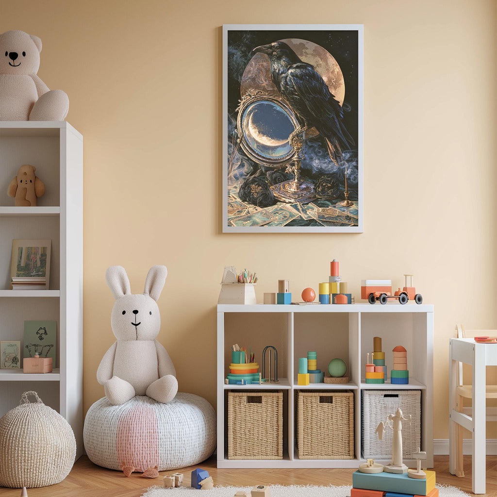 A child's bedroom with a large stuffed rabbit, a bookshelf, and a toy chest filled with various toys. A framed artwork depicting a bird and a moon hangs on the wall above the toy chest.