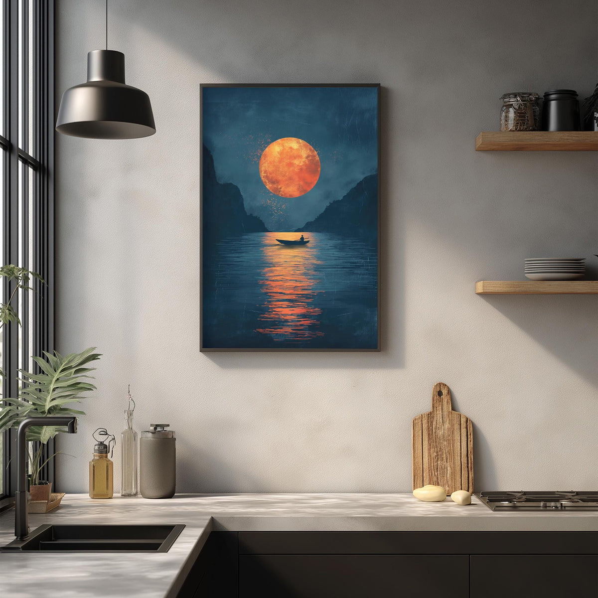 a serene scene of a boat floating on a calm lake at night, with a large orange moon in the sky. The boat is silhouetted against the moon, creating a peaceful and tranquil atmosphere. The image is framed and hung on a wall, adding a touch of nature and beauty to the room.