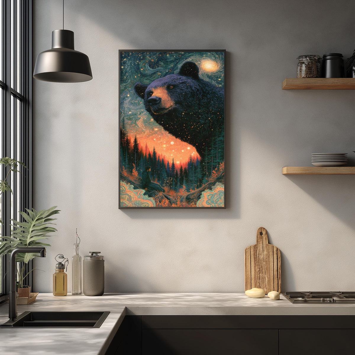 a large framed painting of a bear in a forest setting, hanging on a wall above a kitchen counter.