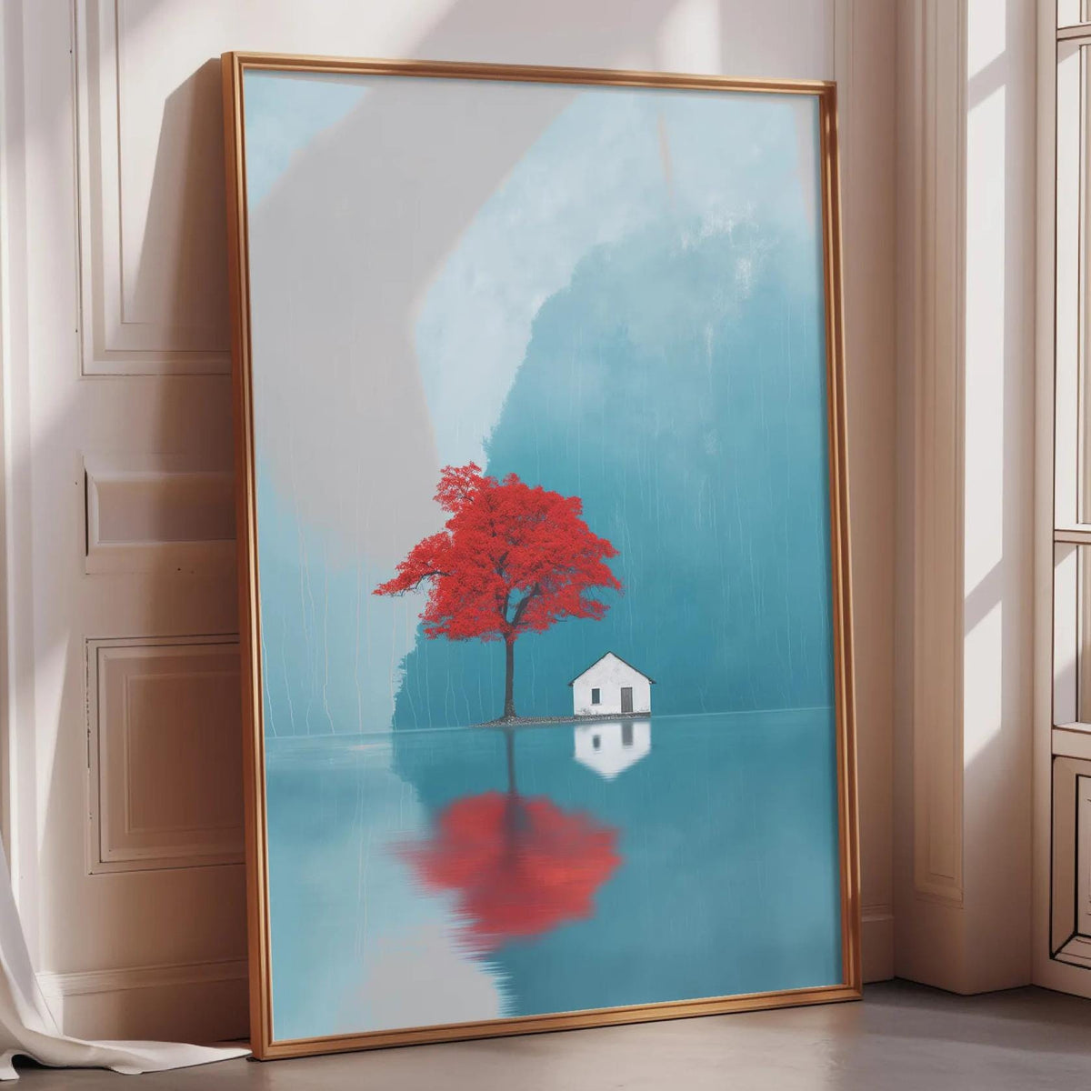 a large framed painting depicting a serene scene with a red tree reflected in a body of water, surrounded by a white house.