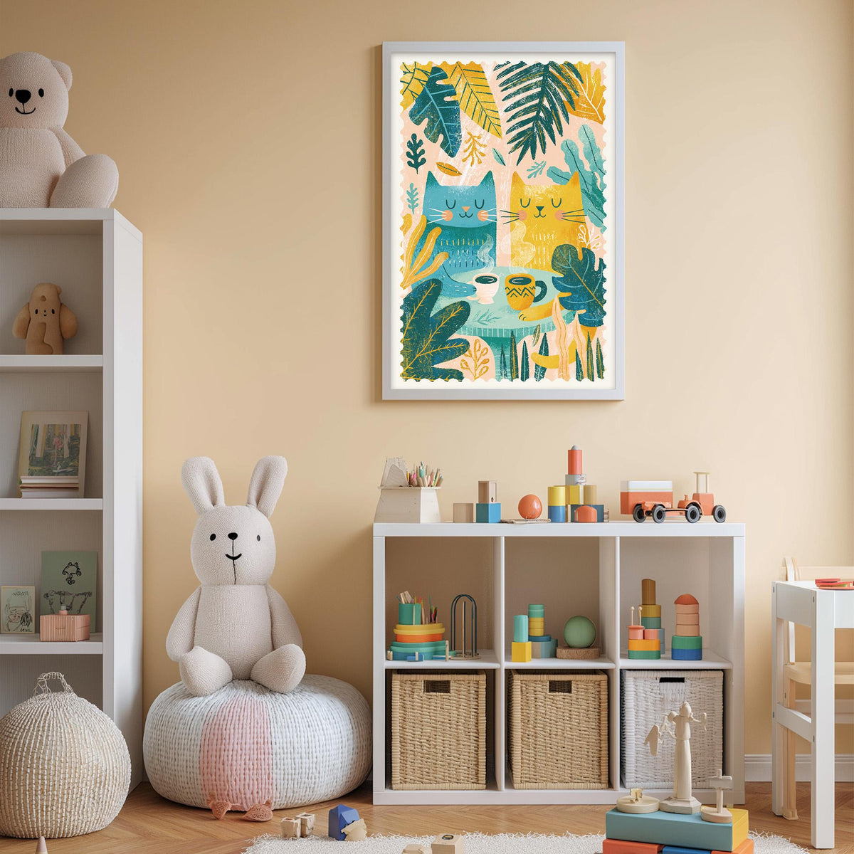 A cozy and colorful children's bedroom with a large stuffed rabbit, a bookshelf filled with toys, and a framed print of whimsical cats and plants on the wall.