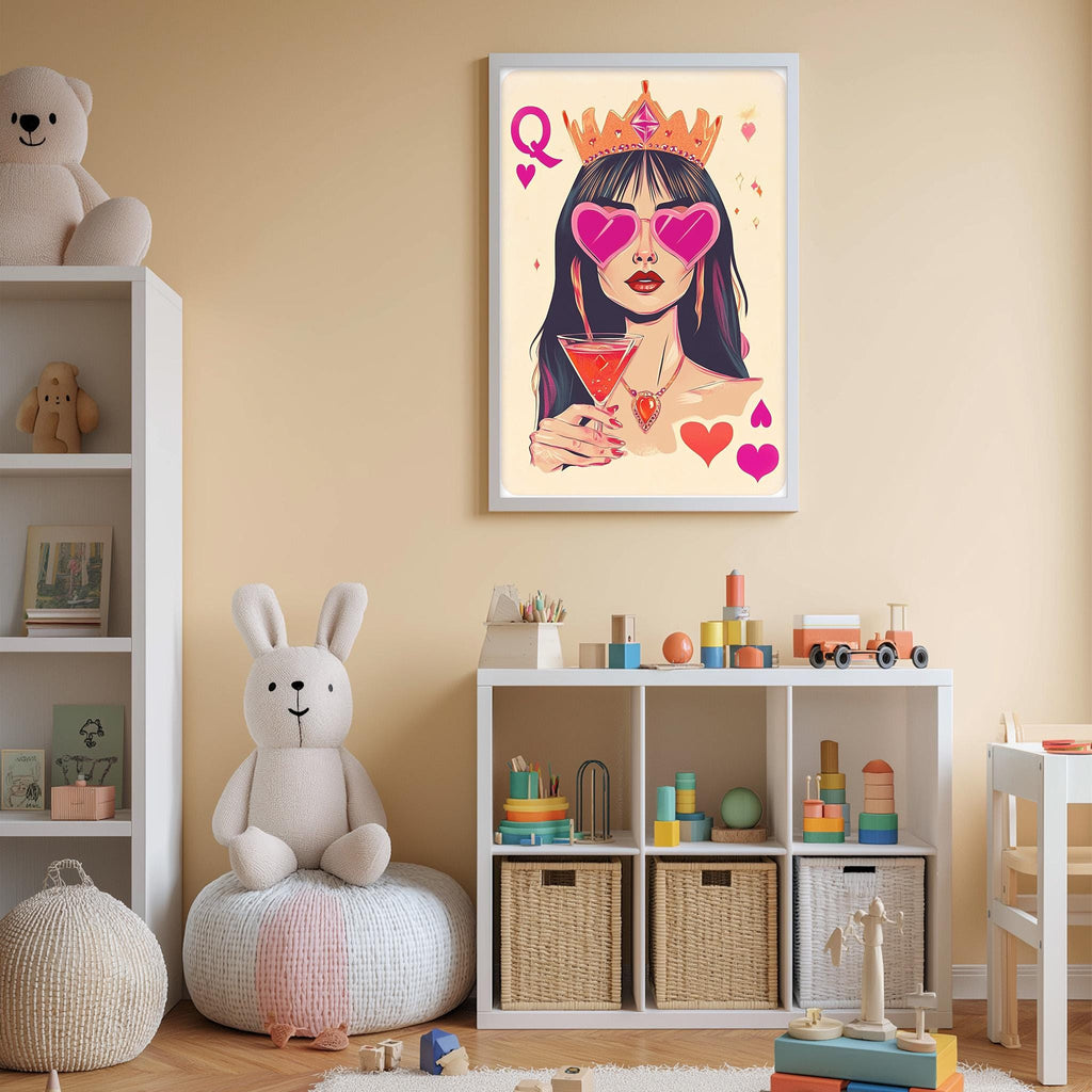 a child's bedroom with a large framed illustration of a woman wearing a crown and sunglasses, surrounded by various toys and a teddy bear.