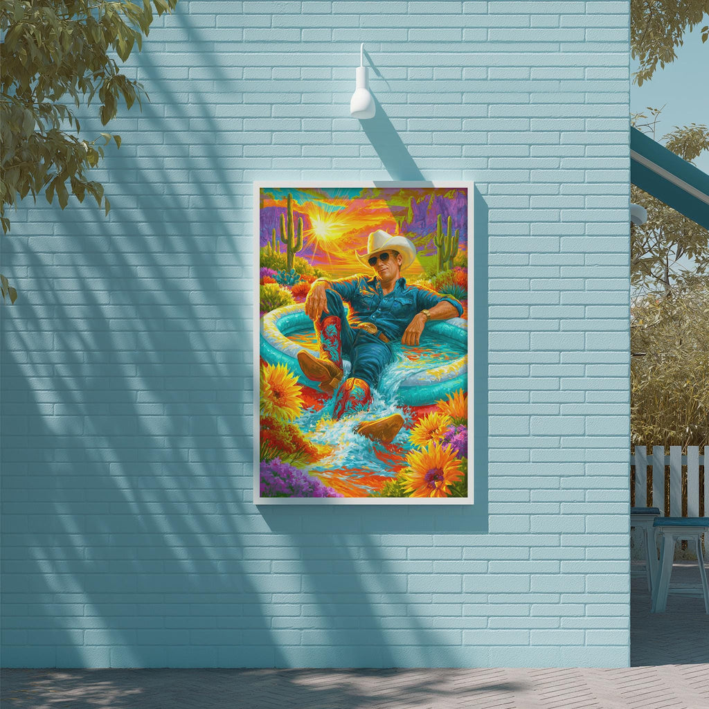 a vibrant painting of a man sitting in a pool surrounded by a colorful, tropical landscape.
