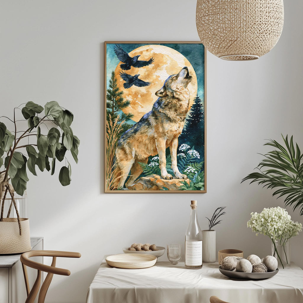 a framed painting of a wolf howling at the moon, surrounded by a night sky, trees, and a full moon.