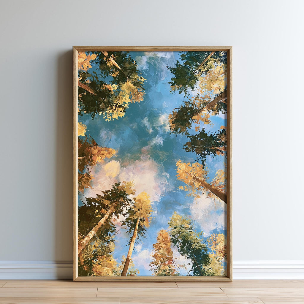 The image is a framed painting depicting a vibrant forest scene with tall trees and a blue sky with clouds.