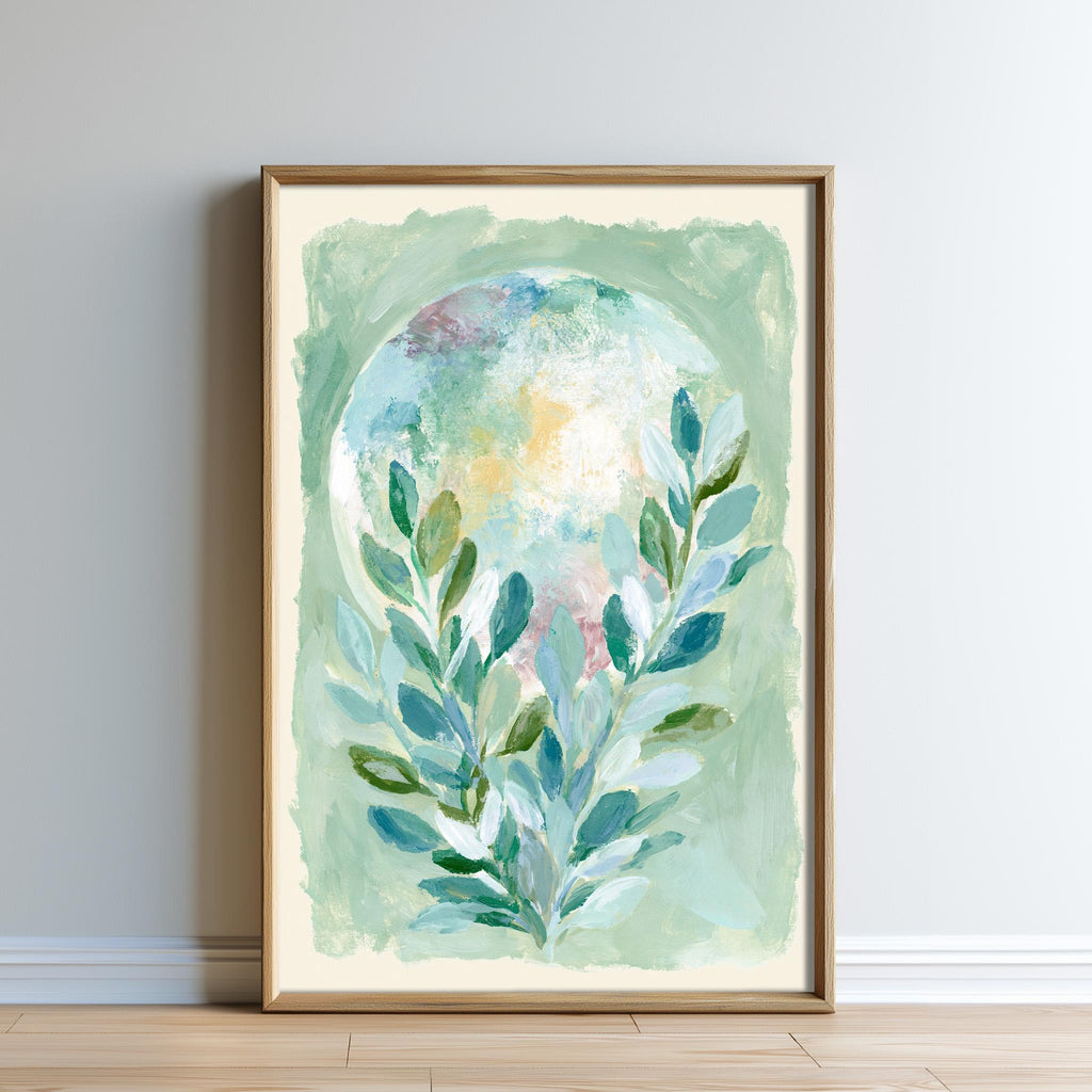 The image is a framed painting depicting a large, colorful plant with green leaves and a large, circular shape in the background.