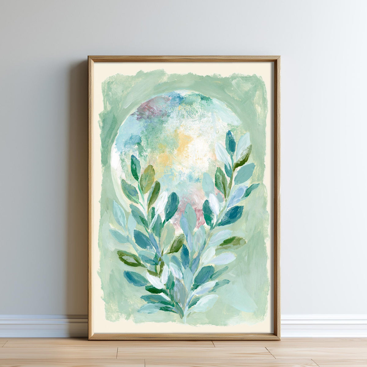 The image is a framed painting depicting a large, colorful plant with green leaves and a large, circular shape in the background.