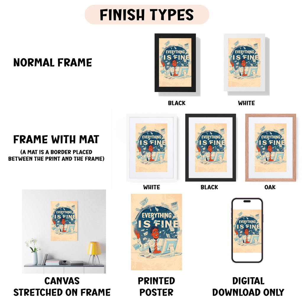 various finish types for artwork, including a normal frame, a frame with a mat, a white frame, a black frame, an oak frame, a canvas stretched on a frame, a printed poster, and a digital download only.