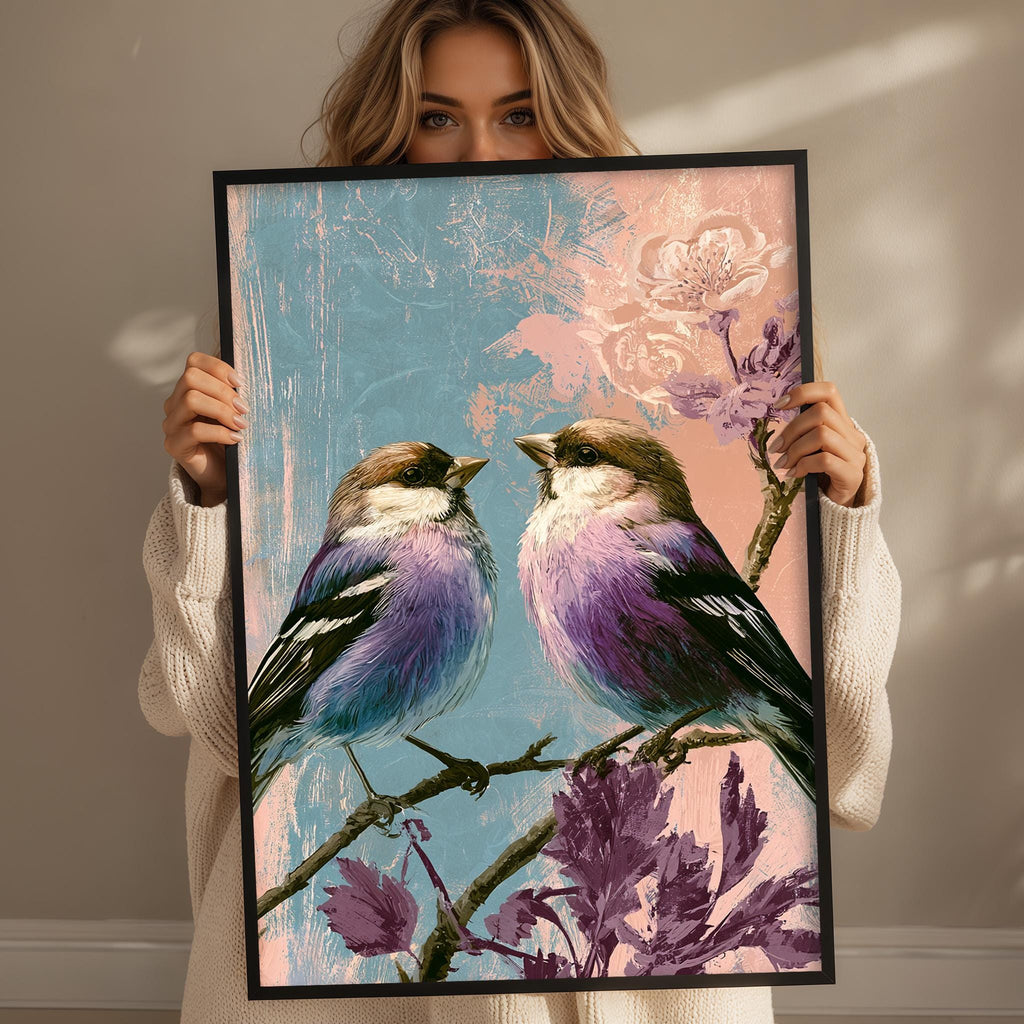A woman holds up a framed painting of two birds perched on a branch with purple flowers.