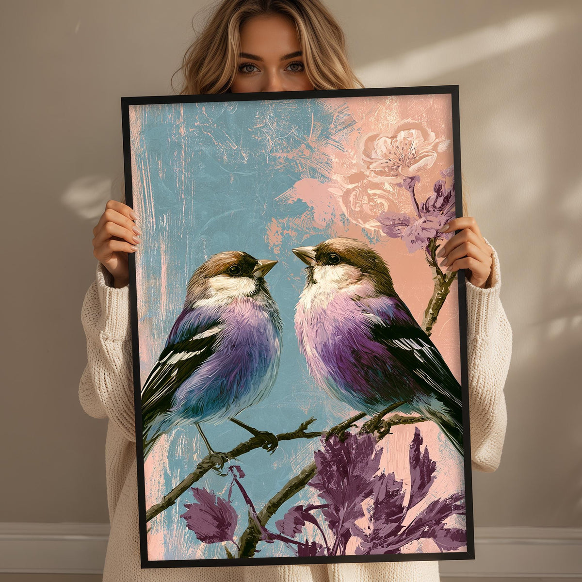 A woman holds up a framed painting of two birds perched on a branch with purple flowers.
