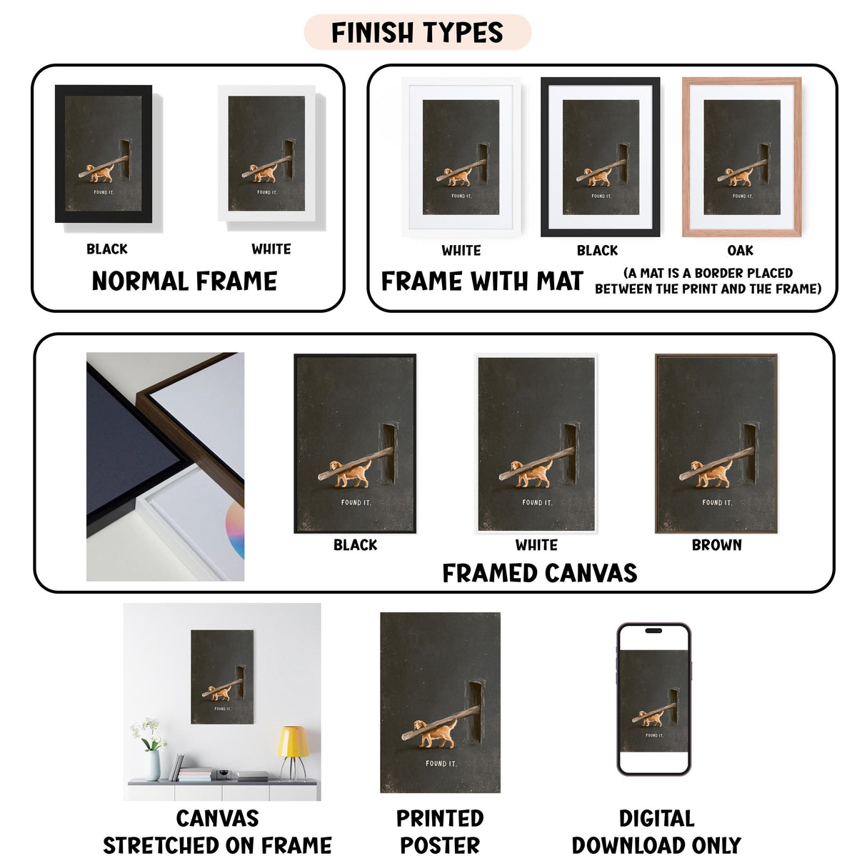 various types of artwork, including framed prints, canvas prints, and digital prints, each with different finishes and styles.