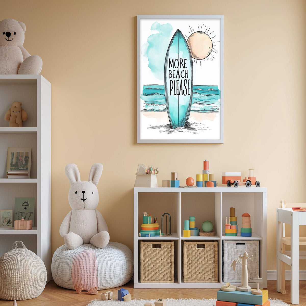 A child's bedroom with a stuffed rabbit, a surfboard with the text "MORE BEACH PLEASE", and a shelf with toys and storage bins.