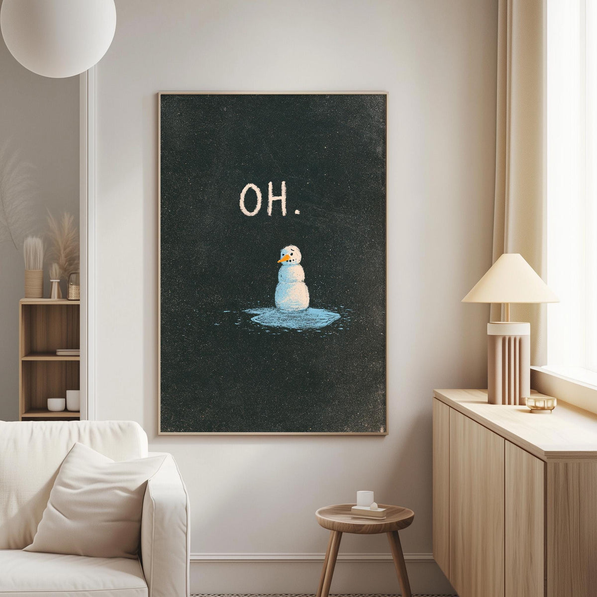 a cozy living room with a white couch, a wooden side table, and a framed artwork depicting a snowman with a bird perched on its head.