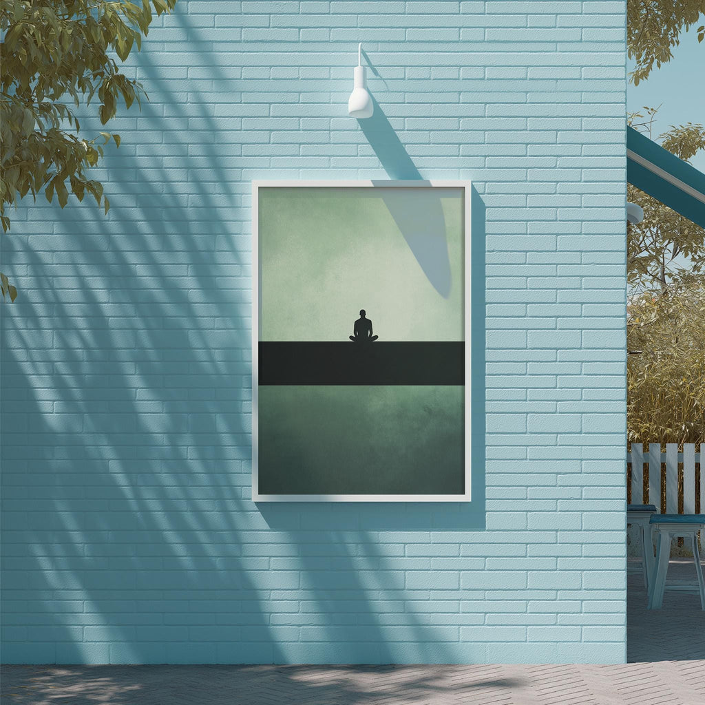 a serene scene of a person sitting in a meditative pose on a wall, framed by a light blue wall and a white light fixture.
