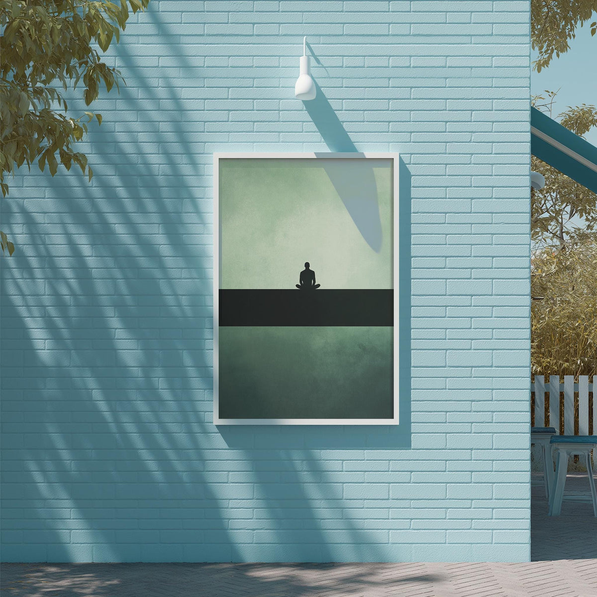 a serene scene of a person sitting in a meditative pose on a wall, framed by a light blue wall and a white light fixture.