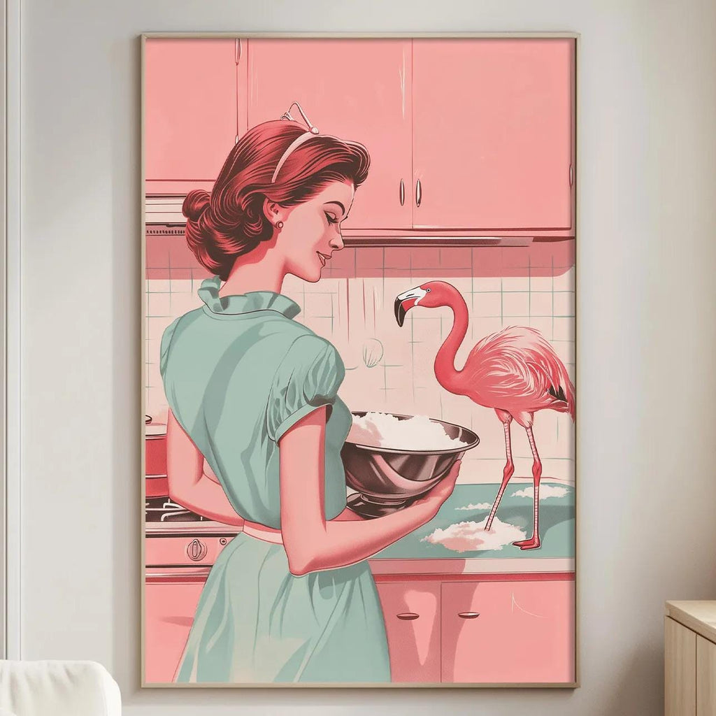 a woman in a green dress standing in a kitchen, holding a bowl and looking at a pink flamingo.