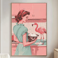 a woman in a green dress standing in a kitchen, holding a bowl and looking at a pink flamingo.