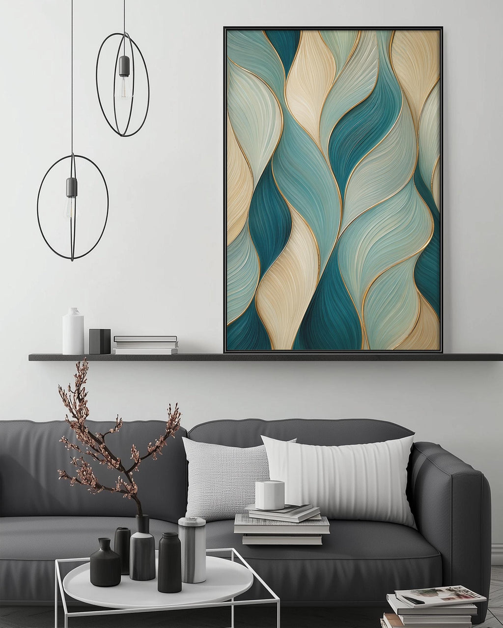 a modern living room with a gray sofa, a coffee table, and a large abstract painting hanging on the wall above the sofa.