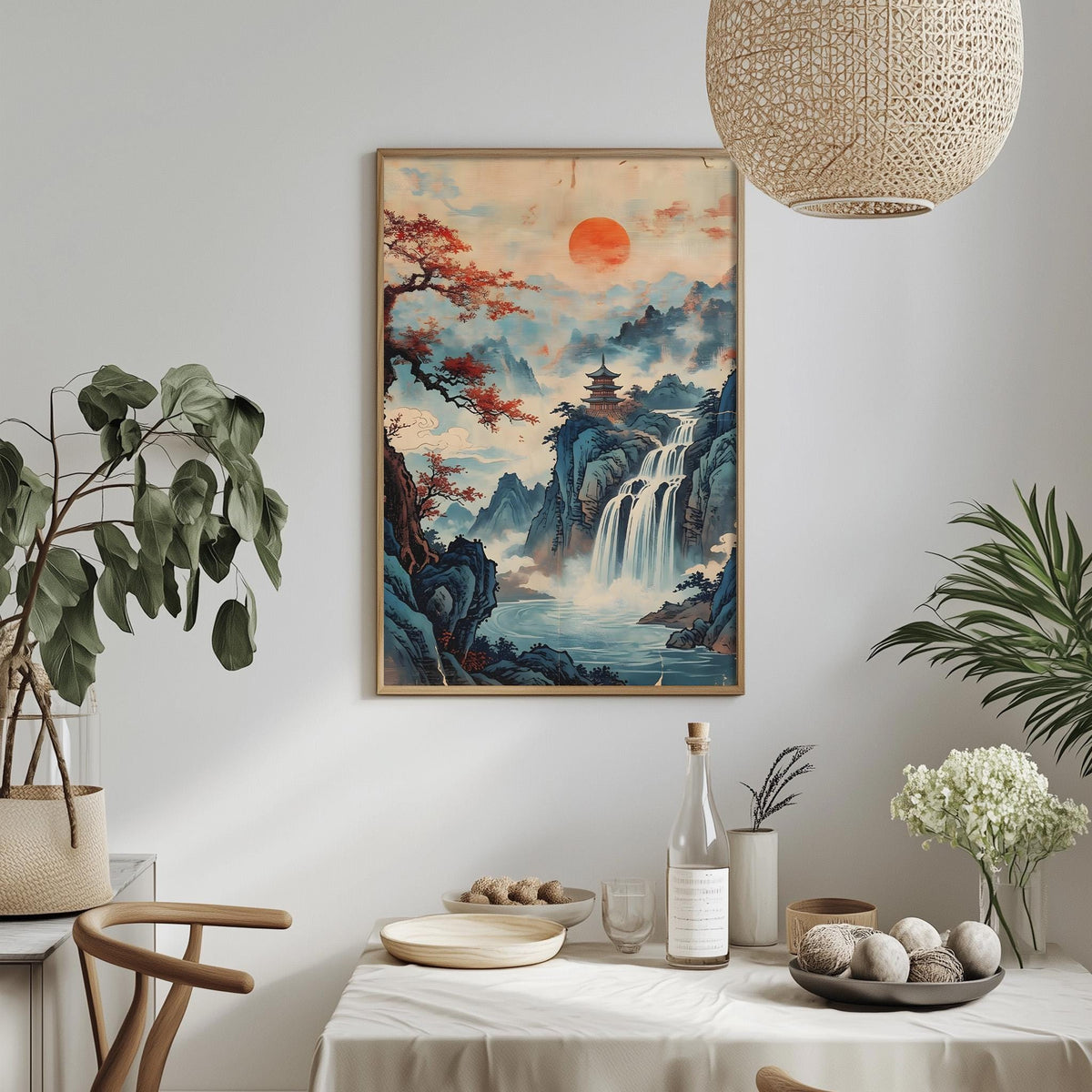 a serene Japanese landscape with a waterfall, mountains, and a temple, all set against a vibrant red and orange sky. The scene is framed and hung on a wall, with a dining table and chairs arranged in front of it. The table is set with various items, including a bottle, a bowl, and a vase, creating a cozy and inviting atmosphere.