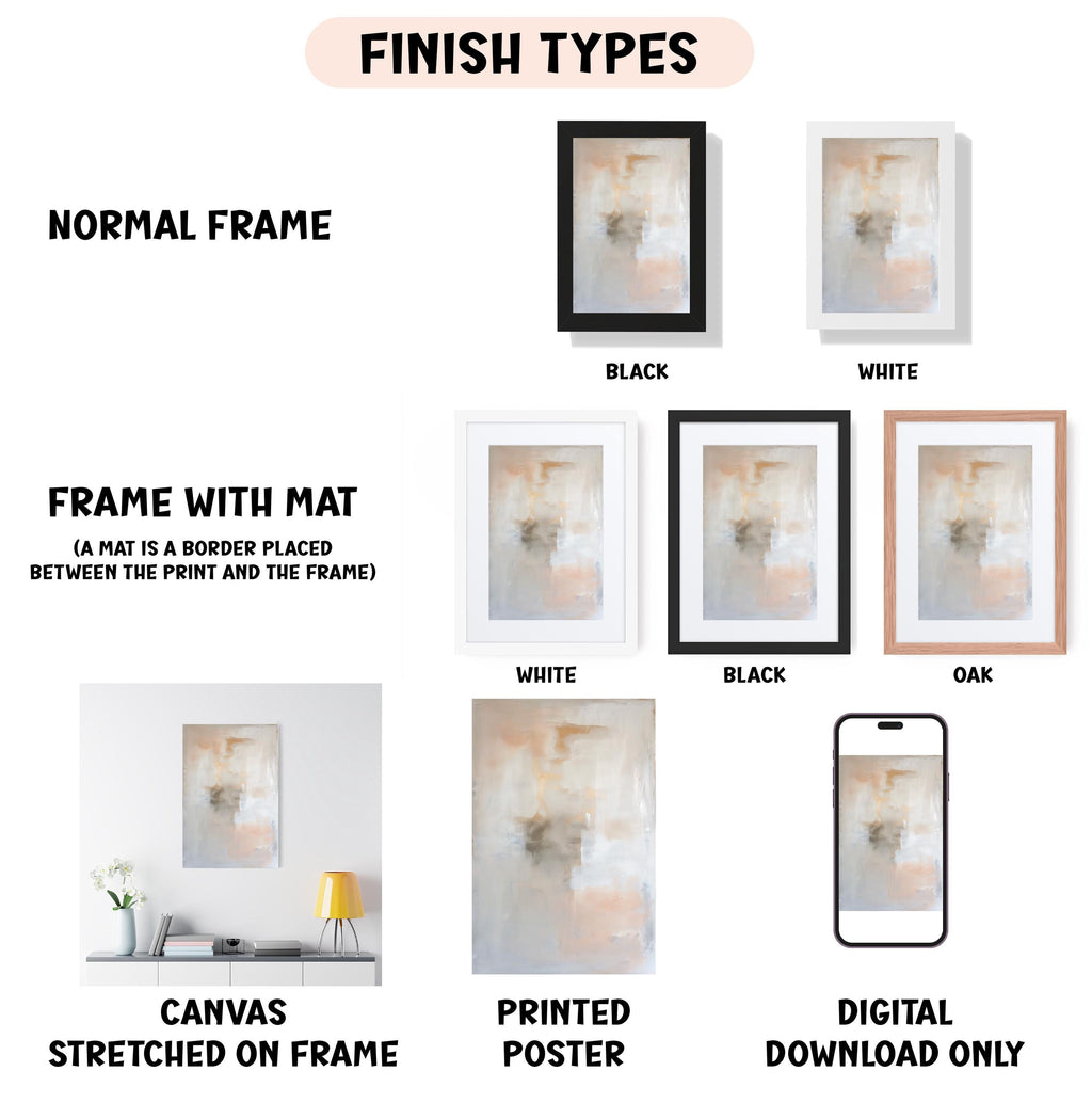 various finish types for artwork, including a normal frame, a frame with a mat, a white frame, a black frame, an oak frame, a white canvas stretched on a frame, a printed poster, and a digital download only.