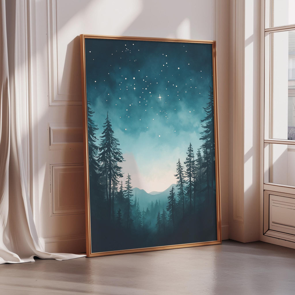 a large framed painting depicting a serene night scene with a starry sky and silhouetted pine trees.