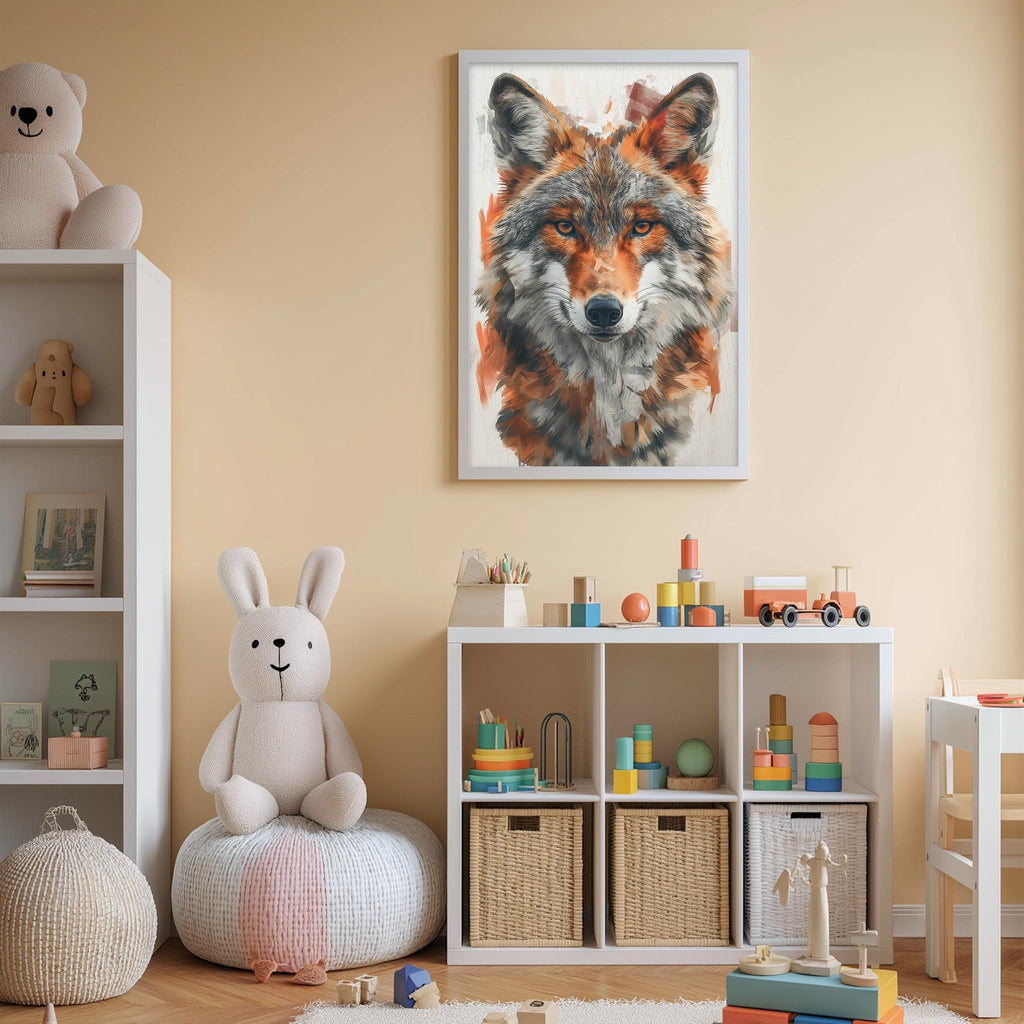 a cozy and colorful children's bedroom with a large framed painting of a wolf on the wall, a white bookshelf filled with toys, and a white bean bag chair.