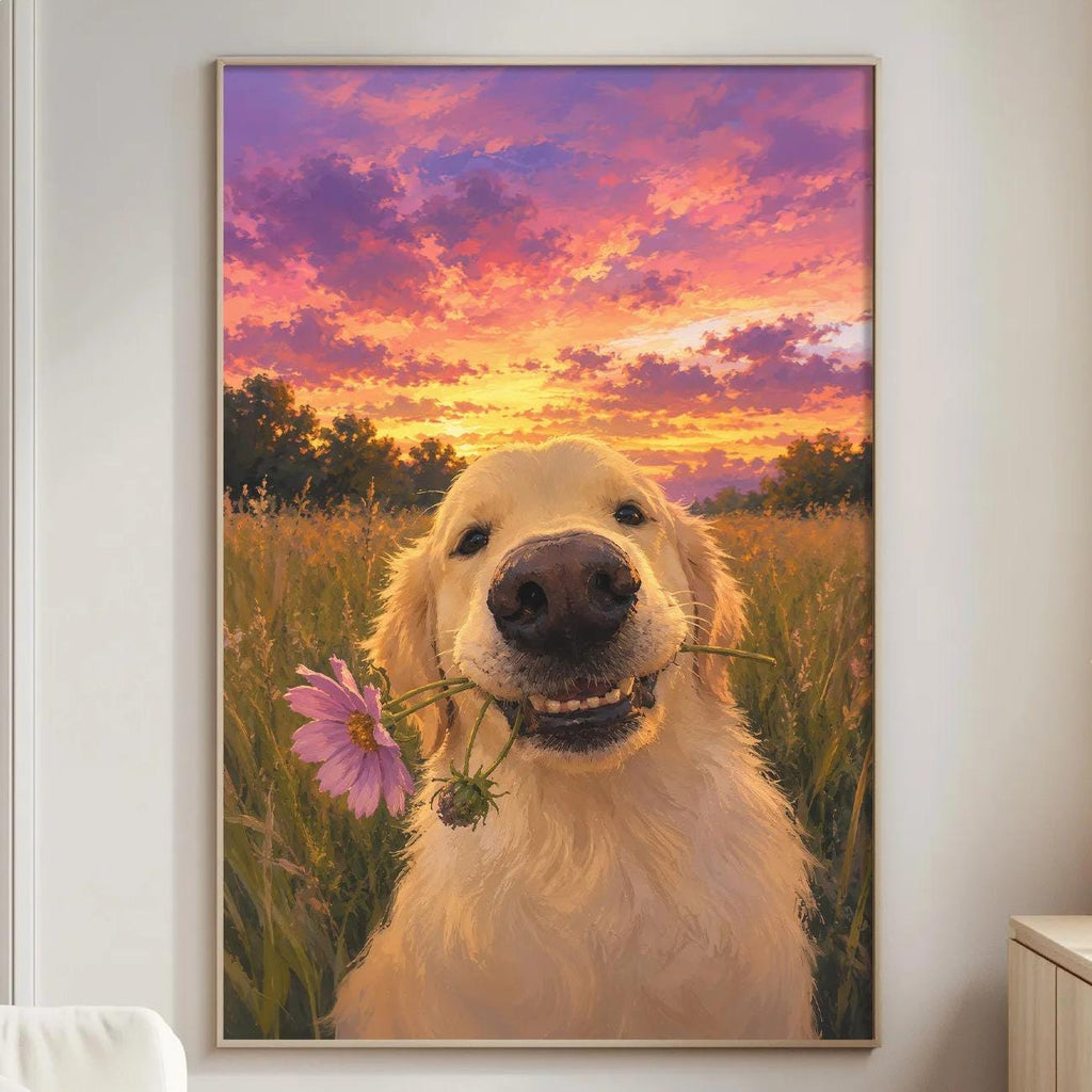 a large, framed painting of a golden retriever dog holding a flower in its mouth, set against a colorful sunset landscape.