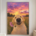 a large, framed painting of a golden retriever dog holding a flower in its mouth, set against a colorful sunset landscape.