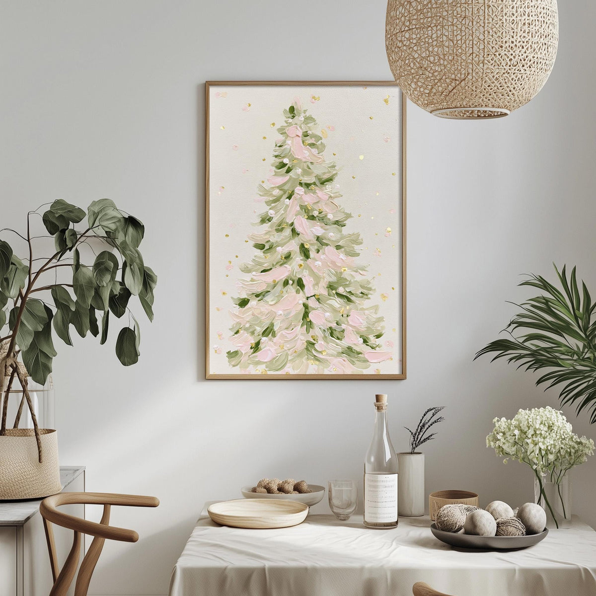 a cozy and well-decorated living space with a large framed picture of a Christmas tree hanging on the wall, surrounded by various decorative elements such as potted plants, vases, and bowls.