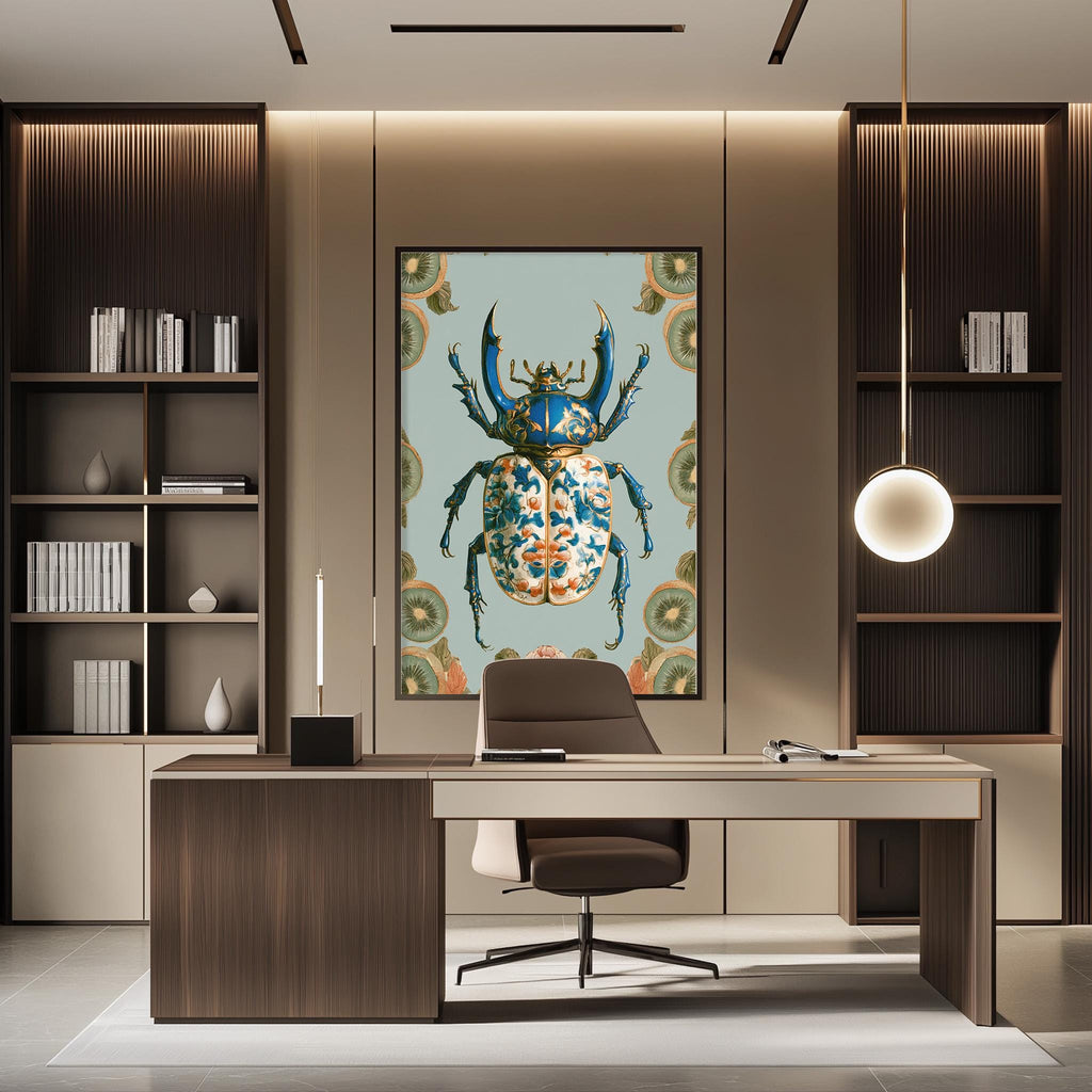 a modern office space with a large framed picture of a colorful beetle on the wall. The office has a wooden desk, a comfortable-looking chair, and a bookshelf filled with books. The overall design and decor create a professional and stylish atmosphere.