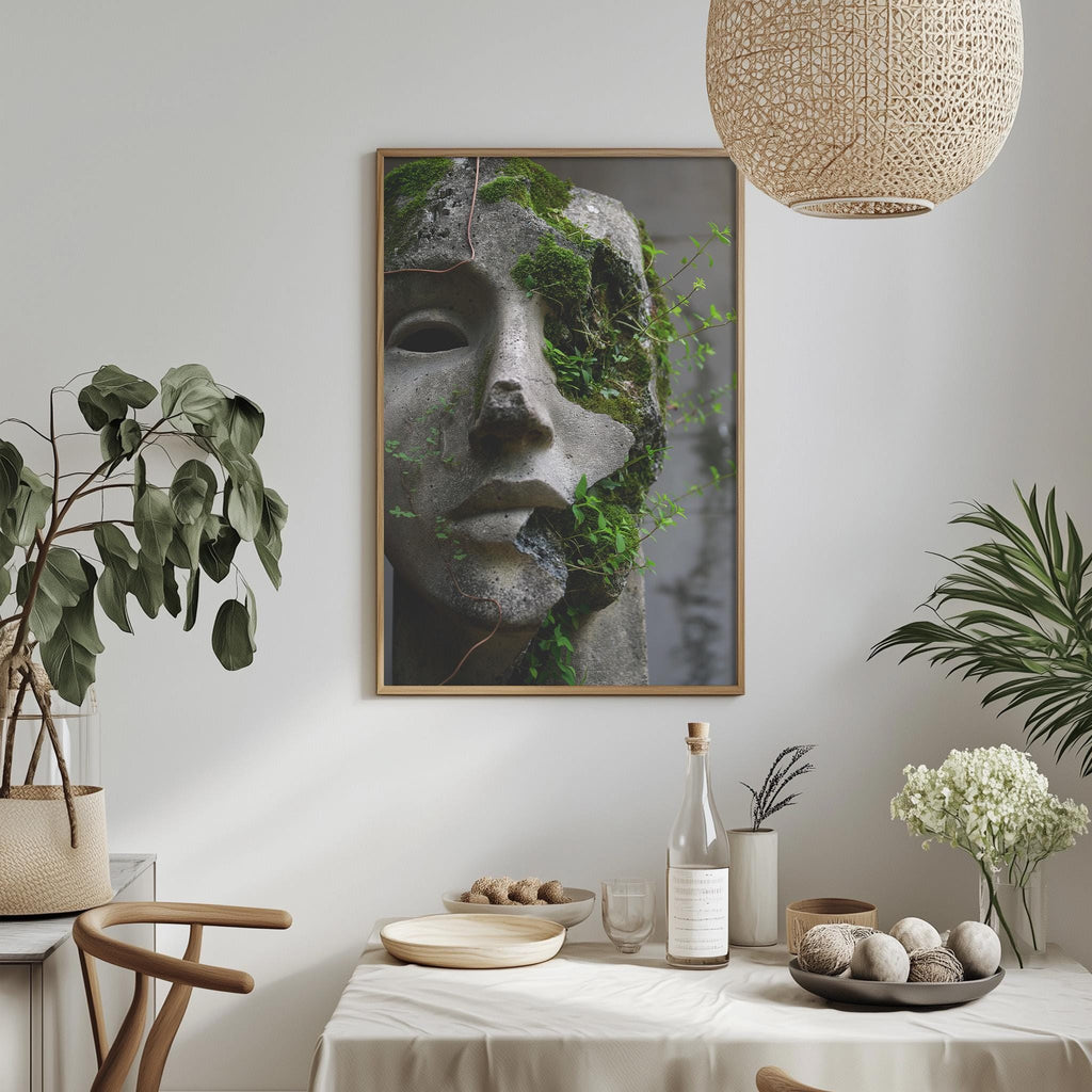 a dining table with a white tablecloth, a bowl of fruit, a bottle, and a vase with flowers. Above the table, there is a framed picture of a stone face with moss growing on it.