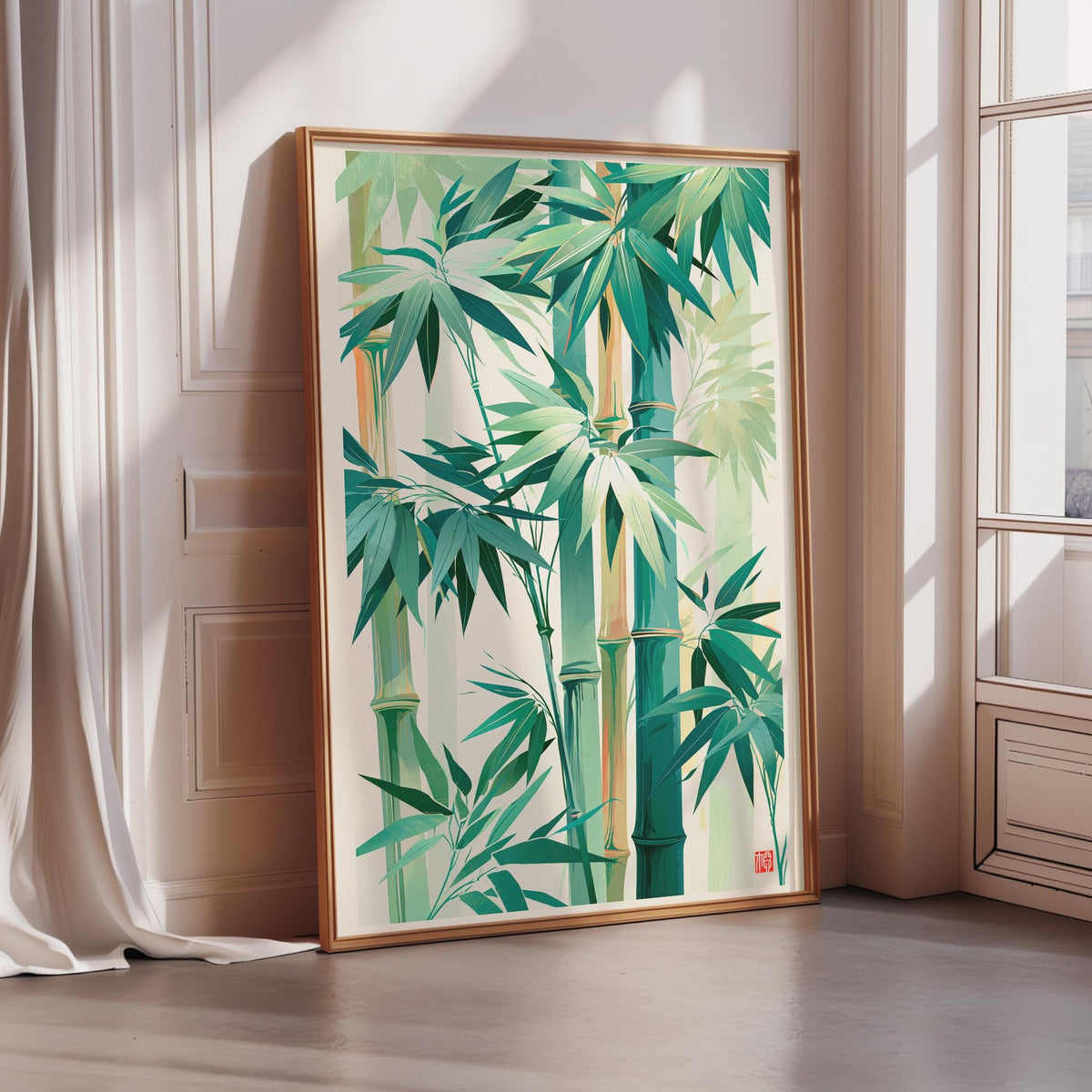 A framed illustration of lush green bamboo plants is displayed on a wall in a room with sunlight streaming in from a window.