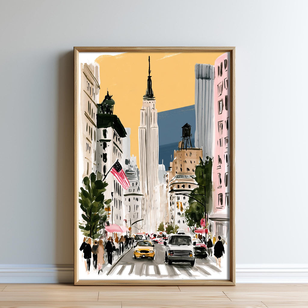 The image is a framed painting depicting a busy city street scene with tall buildings, cars, and pedestrians.