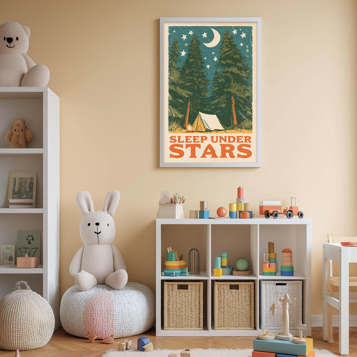 A cozy children's bedroom with a teddy bear, a poster of a camping scene, and a toy shelf filled with toys.