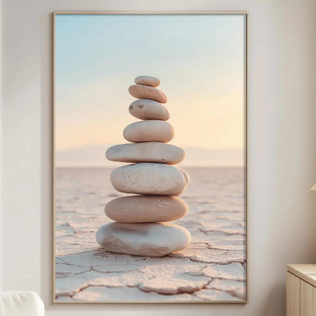 a large framed picture of a stack of stones on a beach, with a warm sunset in the background.