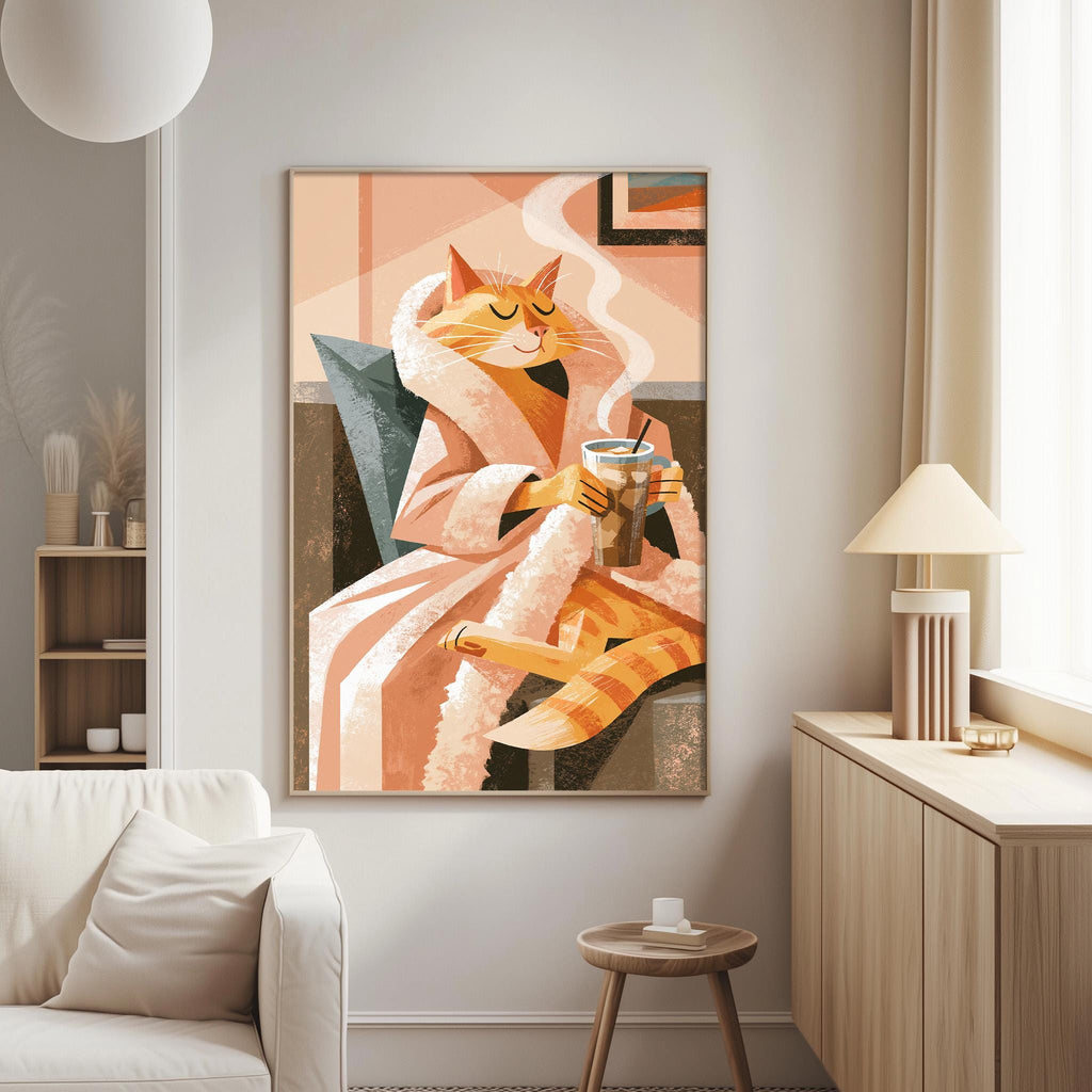 a cozy living room with a large, colorful painting of a cat dressed in a robe, sitting on a couch and holding a cup of tea.